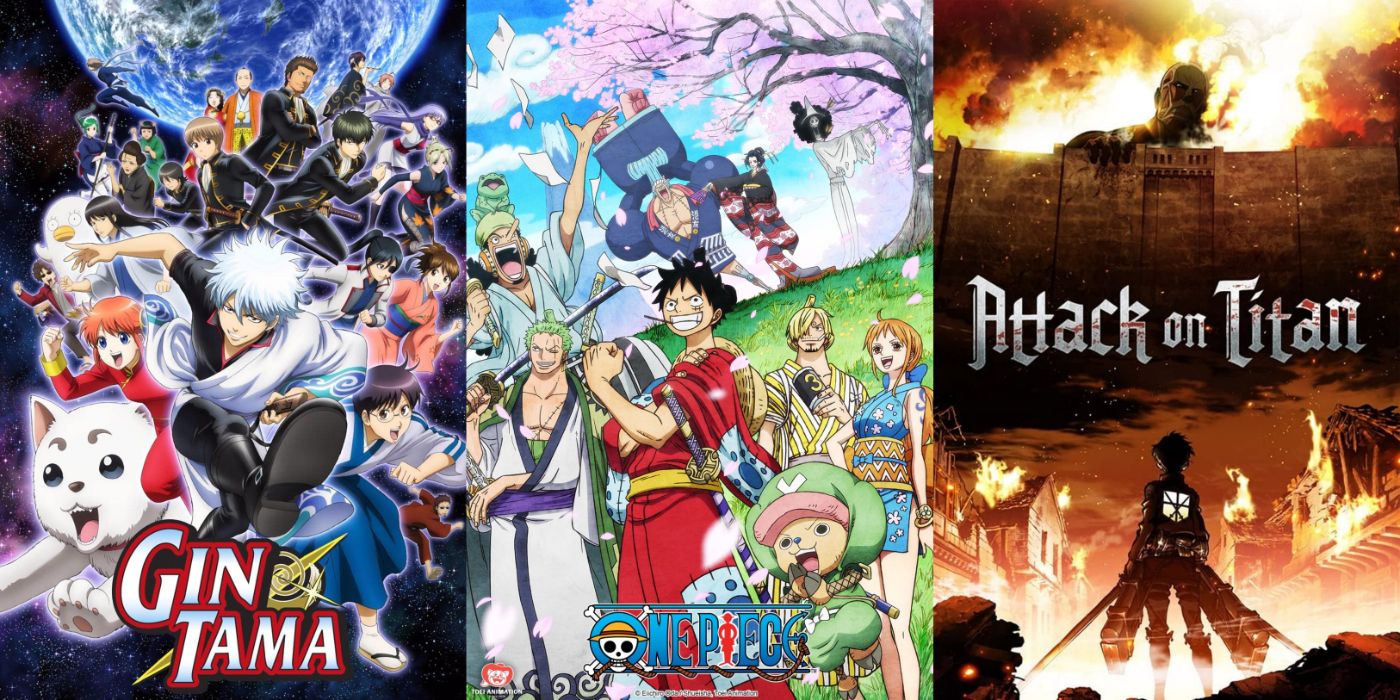 Split image of Gintama, One Piece, and Attack on Titan key art.