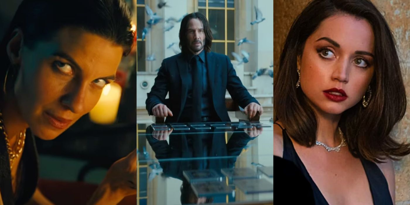 Split image of a mystery character, John Wick, and Ana de Armas all looking at the camera