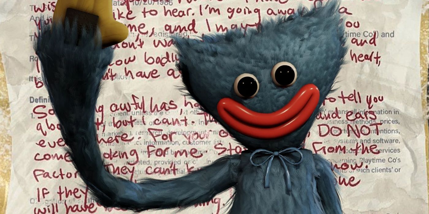 Huggy Wuggy, the iconic toy monster from Poppy Playtime, standing in front of an ARG letter