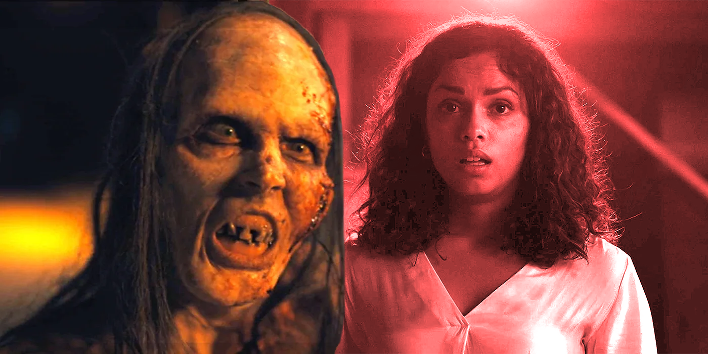 A deformed humanoid monster stares at a scared girl