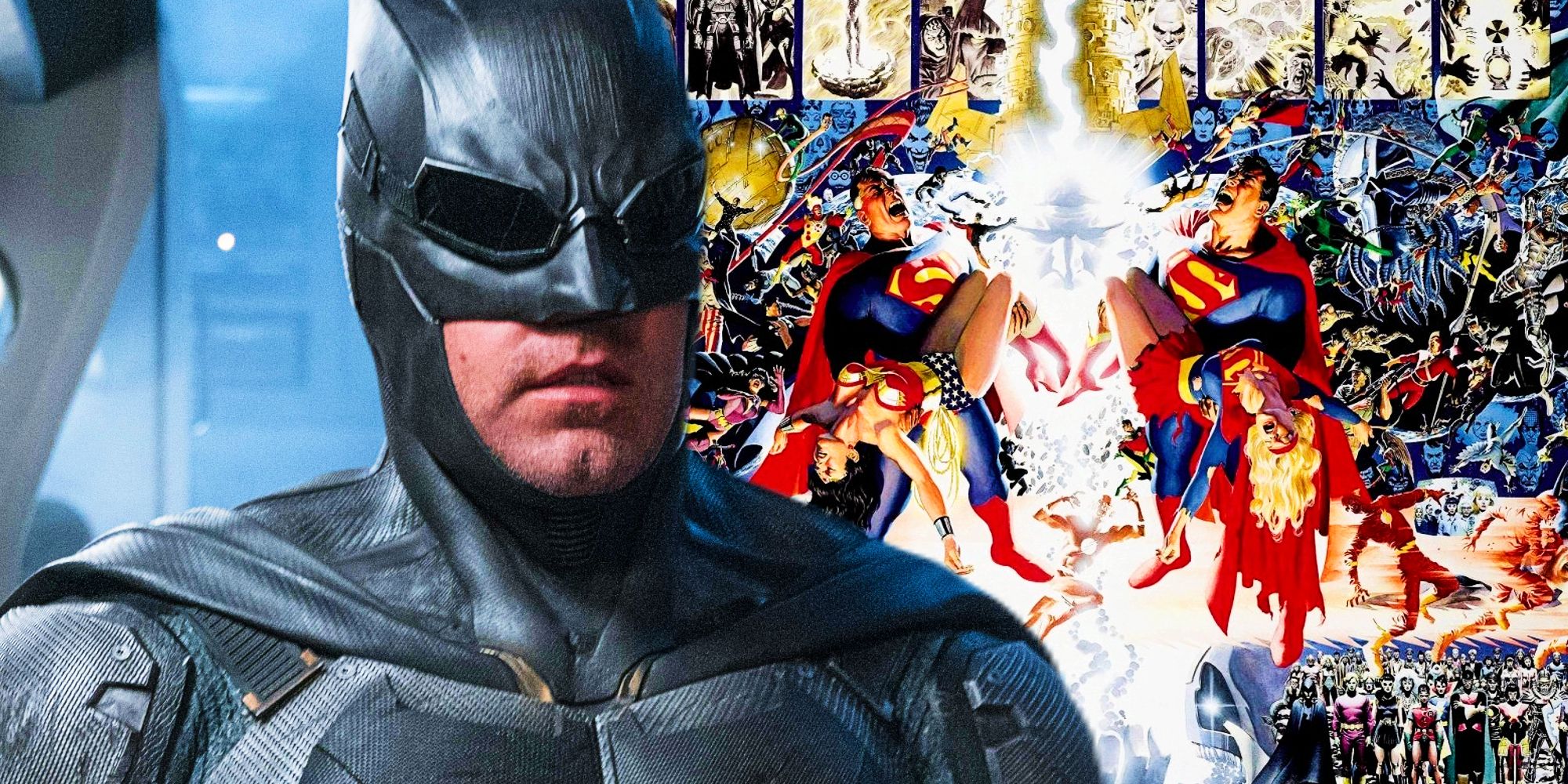 Batman and a panel from Crisis on Infinite Earths