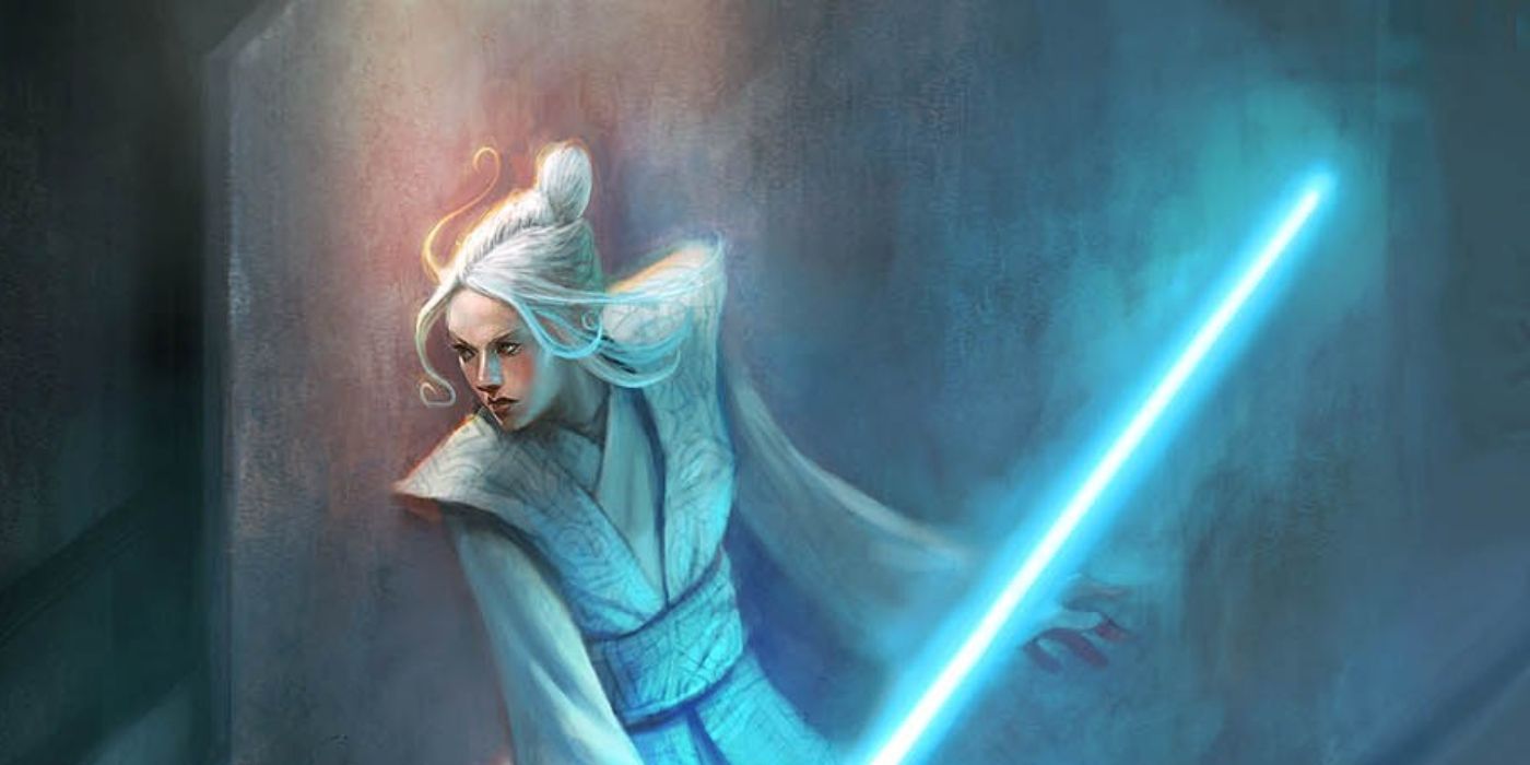 KOTOR 2's Atris with her lightsaber drawn.