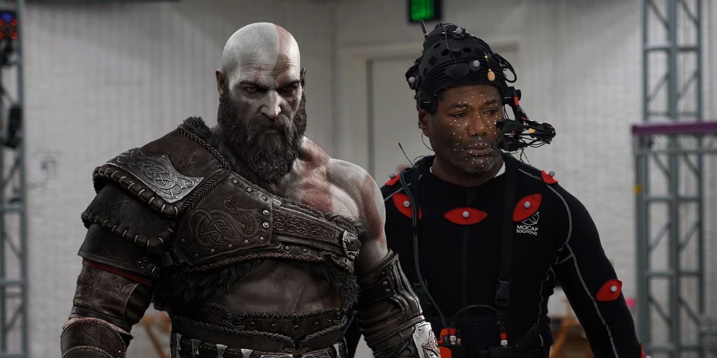 Kratos from God of War Ragnarok, and his actor Christopher Judge performing motion capture