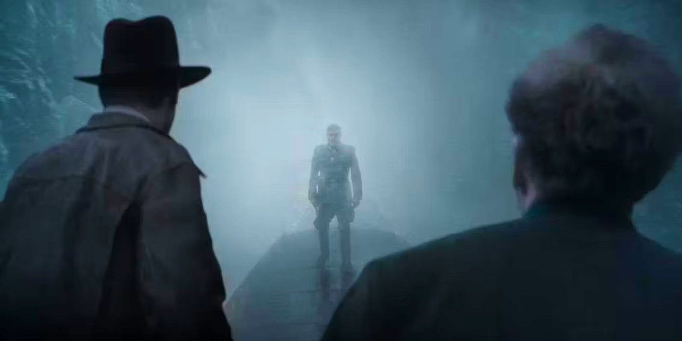 Indiana Jones standing on top of a train