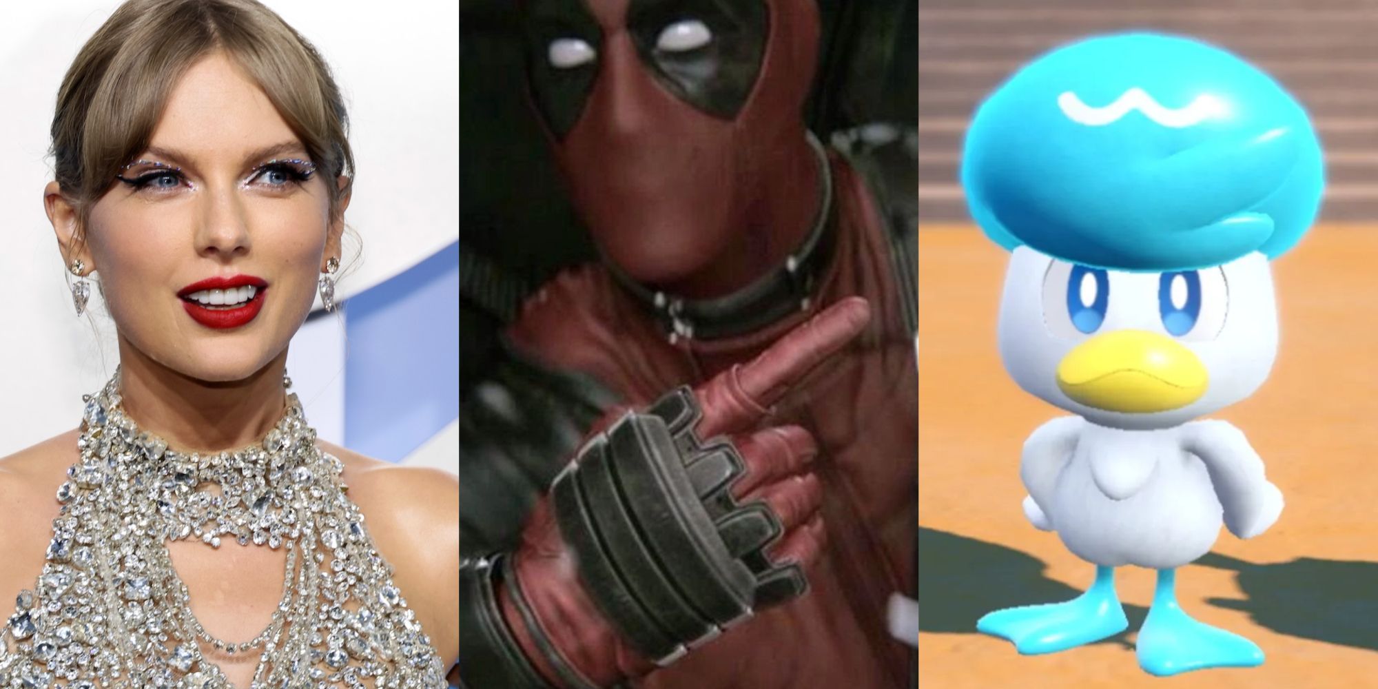 Split image of Taylor Swift, Deadpool and a Pokemon feature