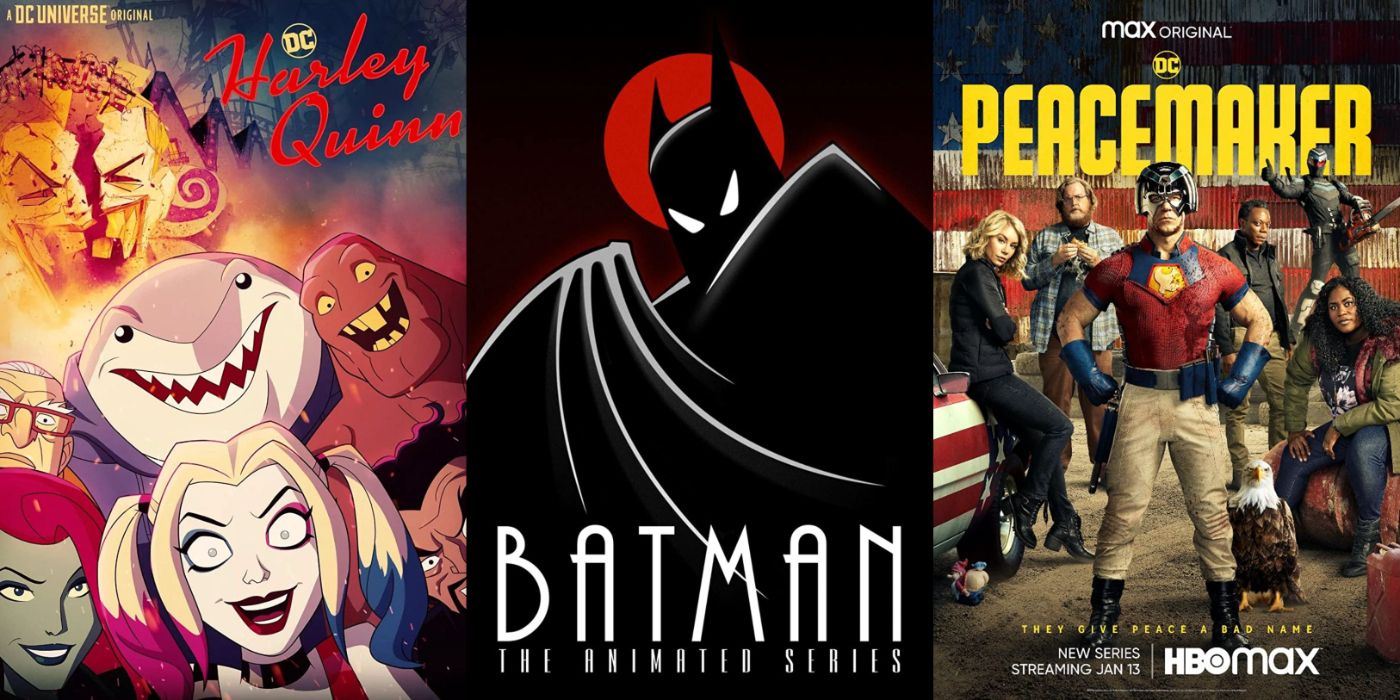 Split image of Harley Quinn, BTAS, and Peacemaker promo art.