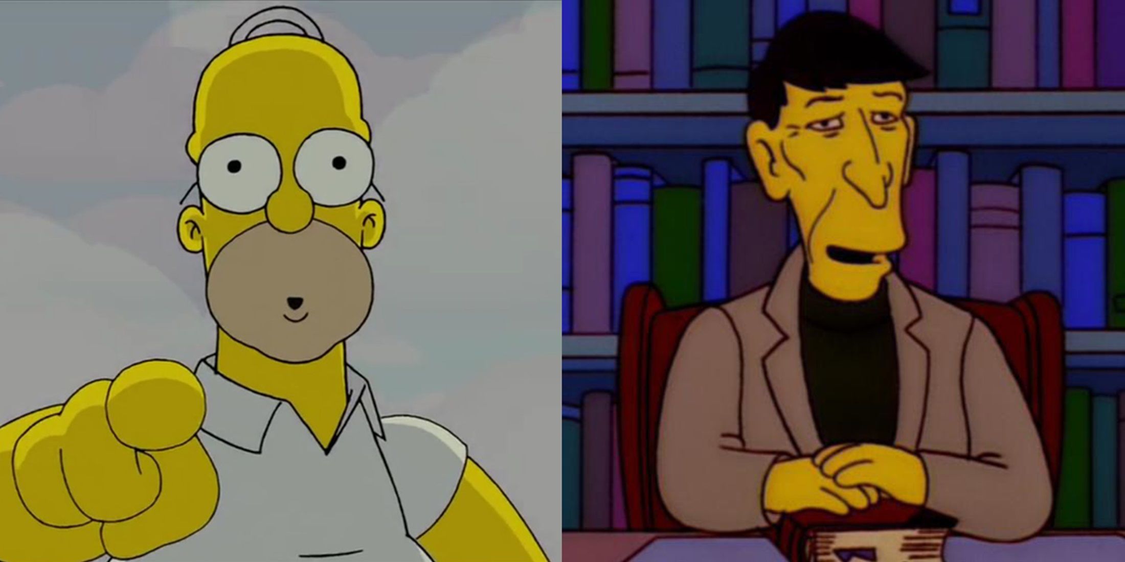Split image of Homer and Leonard Nimoy speaking to the audience in The Simpsons