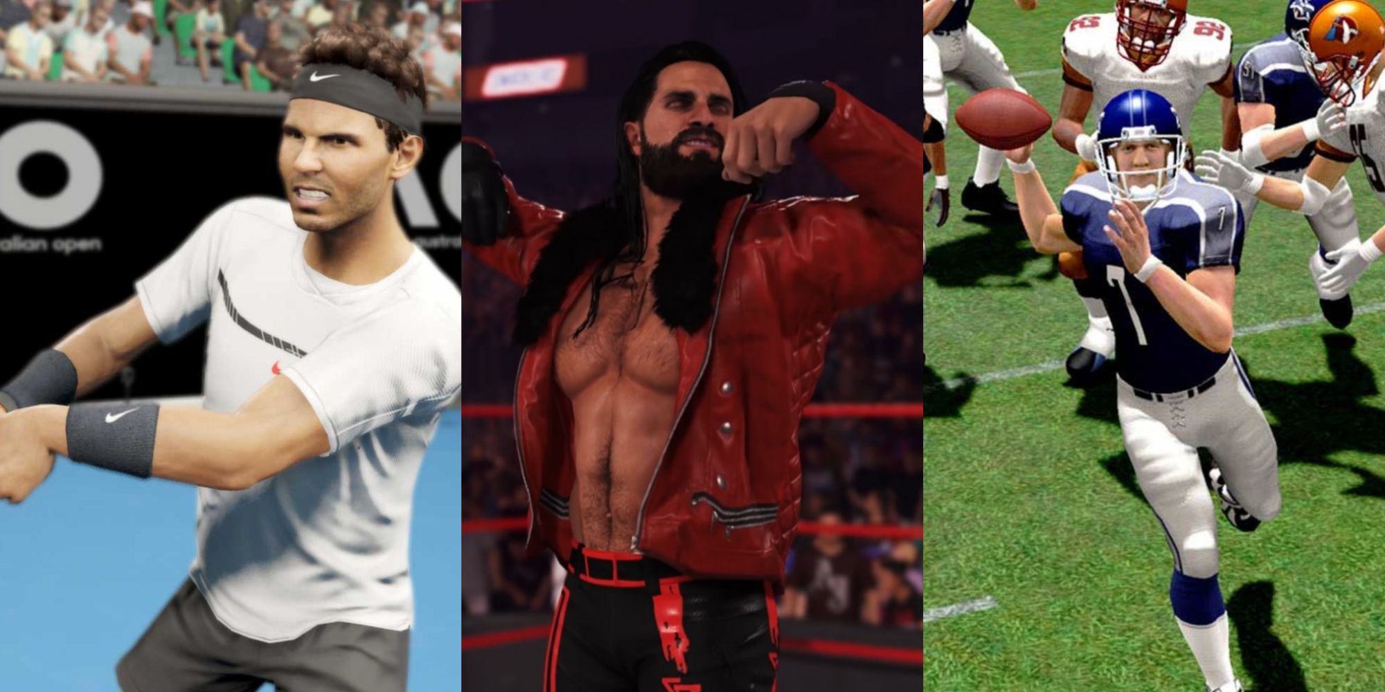 Split image of Top Spin 4, WWE 2K22, and All-Pro Football 2K8
