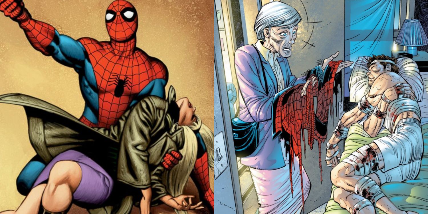 A split image of Spider-Man holding Gwen and Aunt May standing over Peter Parker in the Marvel Comics