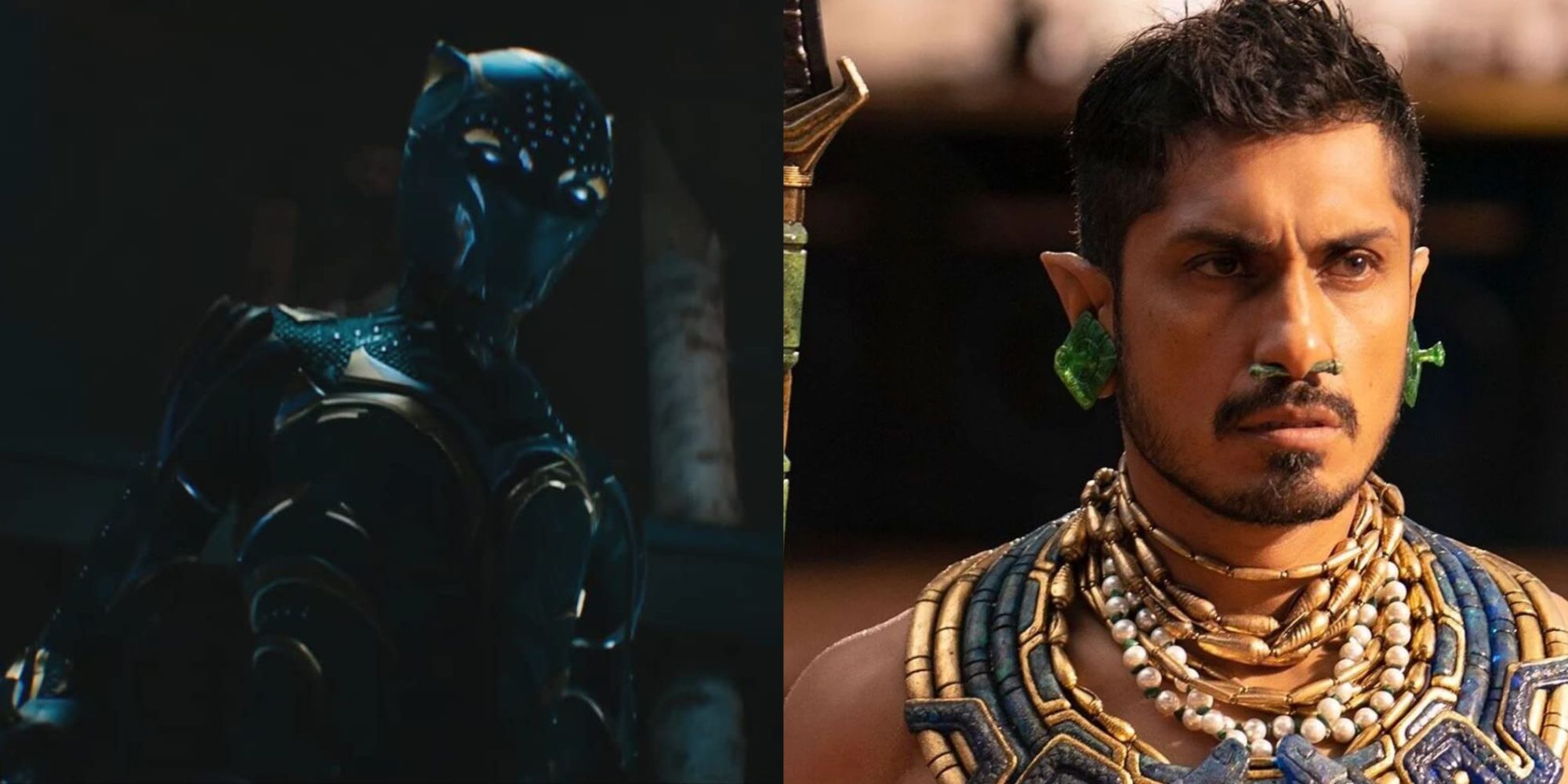 Split images of Shuri in her Black Panther suit and Namor with his staff