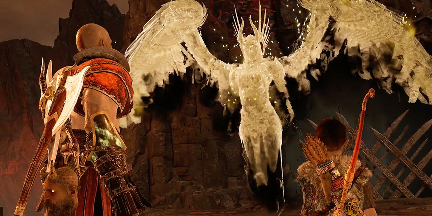 Image of Kratos and Atreus facing a Valkyrie spirit in God of War (2018). The spirit has its wings outstretched, with a black smokey outline contrasting against its golden form.