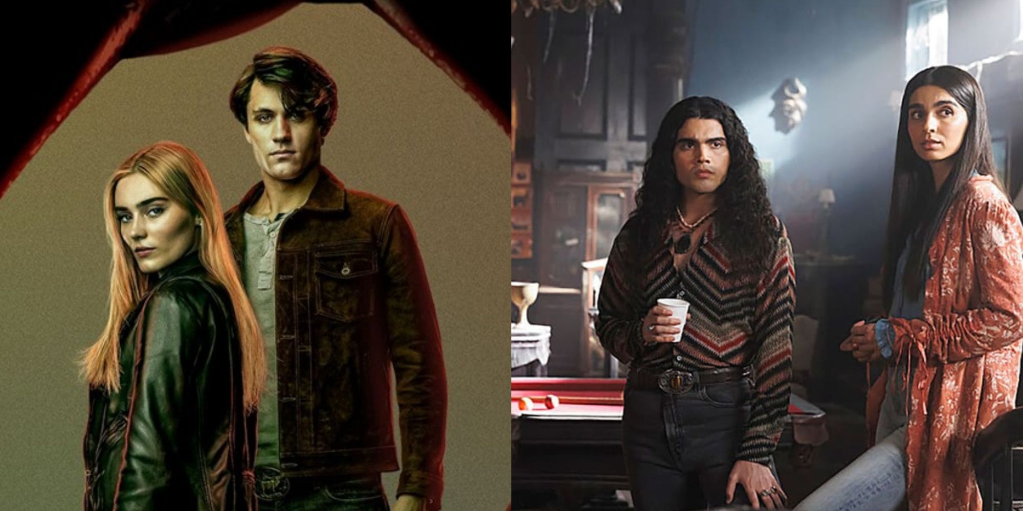Split images of John and Mary looking at the camera and Latika and Carlos looking up in The Winchesters