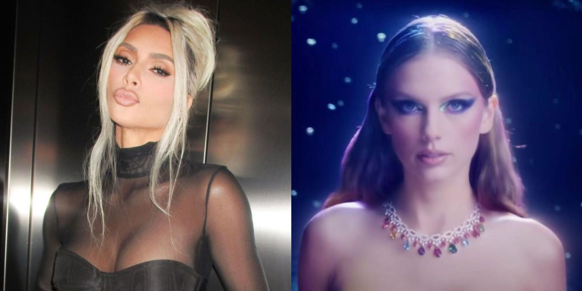 Split image of The Kardashians star Kim Kardashian and Taylor Swift from her Bejeweled music video