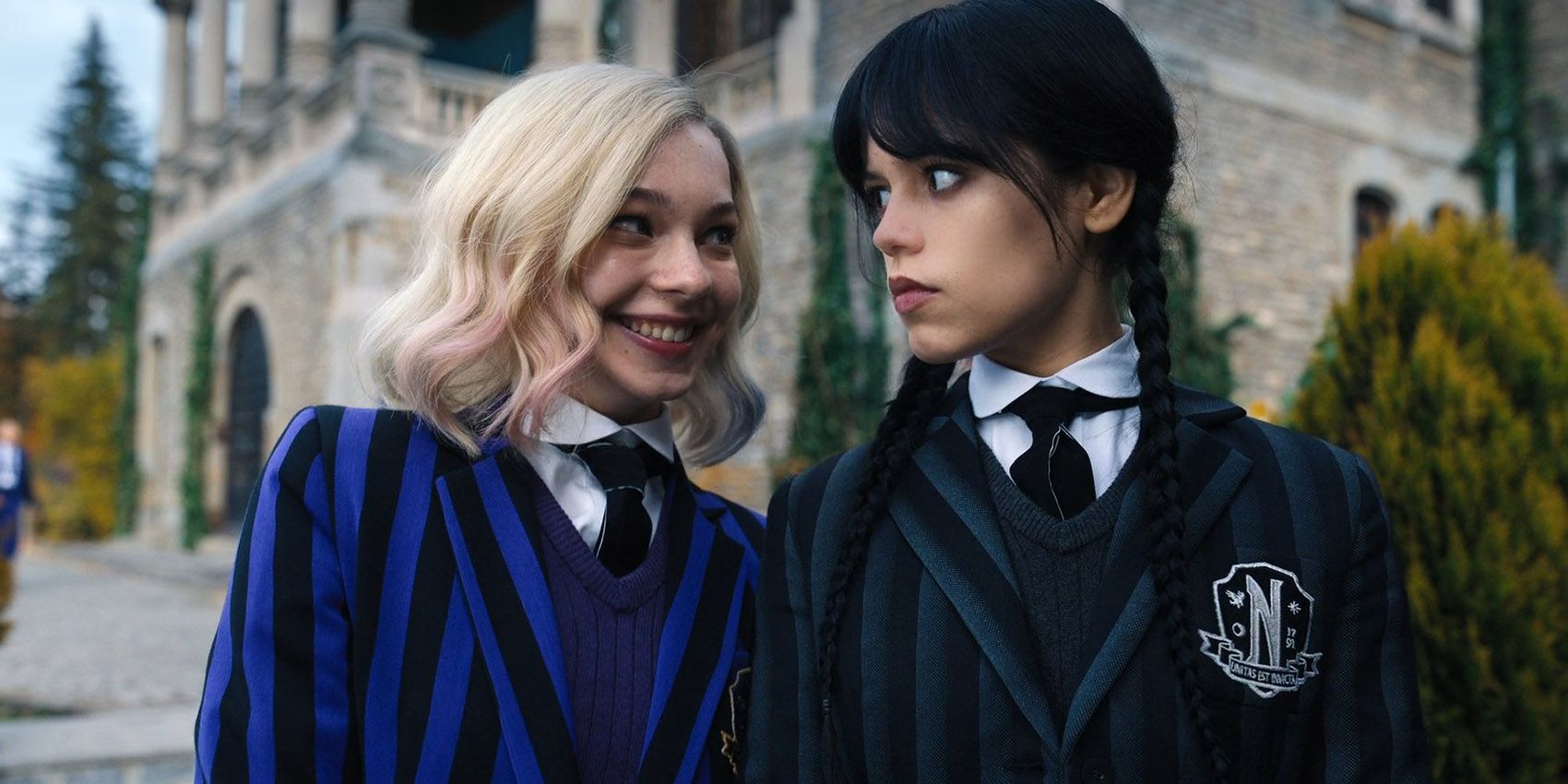 Jenna Ortega as Wednesday Addams Emma Myers as Enid Sinclair in episode 102 Wednesday