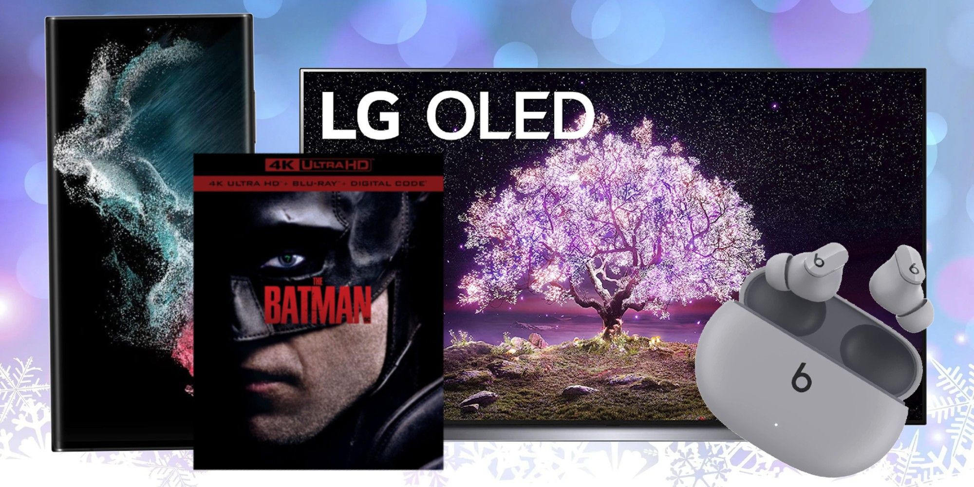 Collage of Samsung Galaxy S22 Ultra smartphone, The Batman 4k Bluray, LG OLED 65 inch smart TV, and Beats Studio earbuds for Amazon Early Black Friday Deals