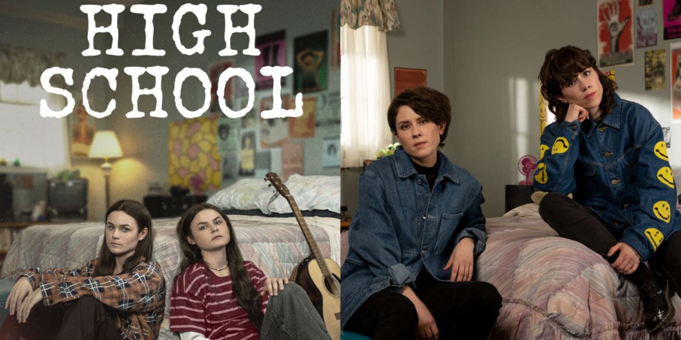 Split Image Freevee High School Promo Poster and Tegan and Sara sitting on bed