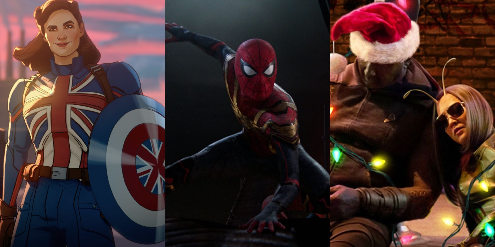 Split images of What If, Spider-Man No Way Home, and The Guardians of the Galaxy Holiday Special