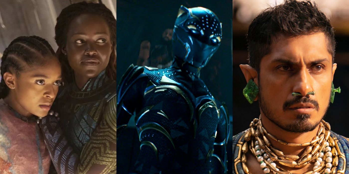 Split image of Riri, Nakia, Shuri as Black Panther, and Namor in Wakanda Forever