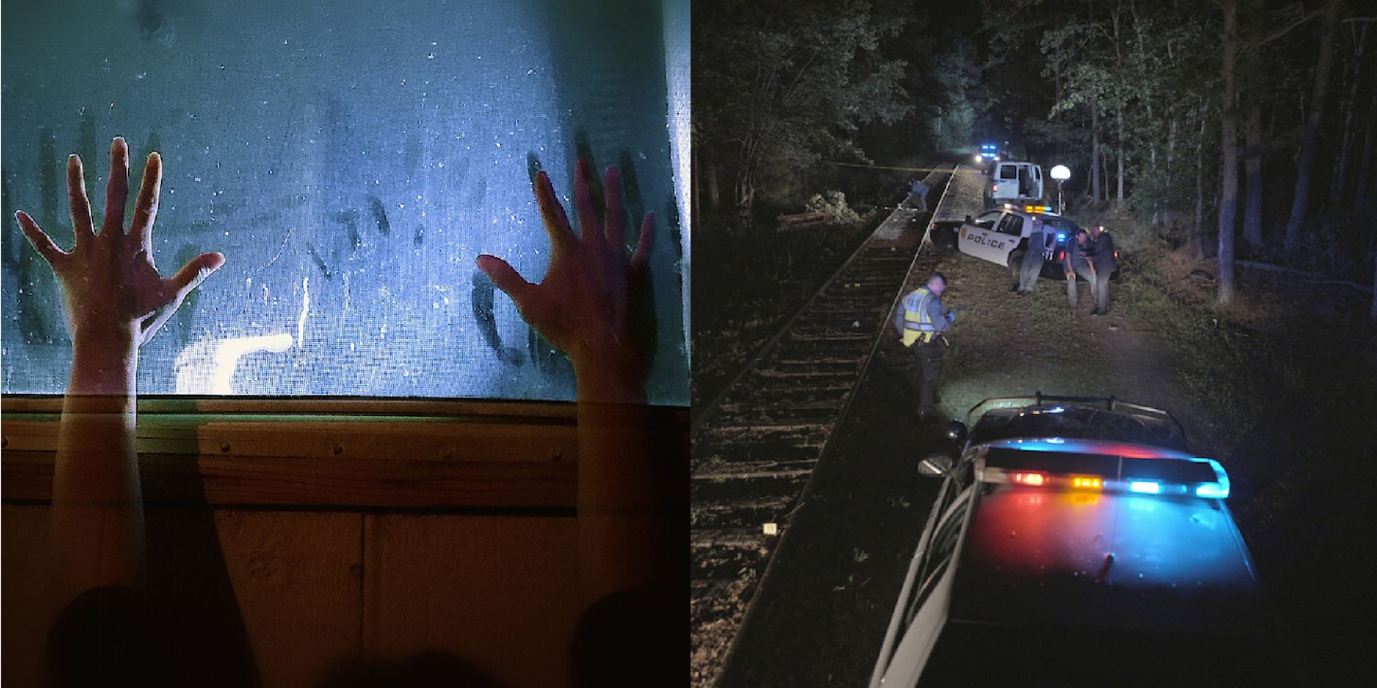 Split image of hands on a window and police cars at a crime scene from Unsolved Mysteries Volume 3