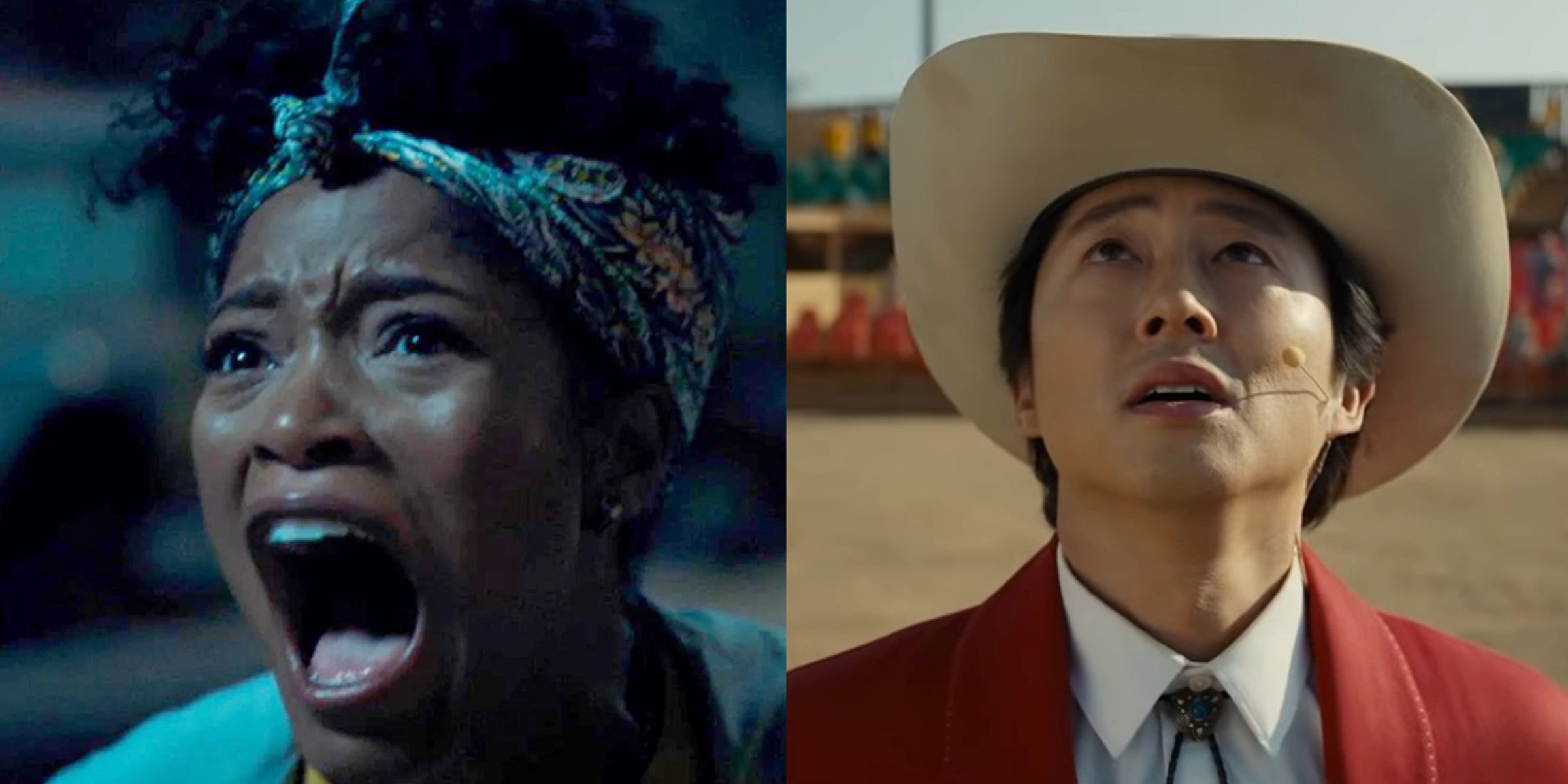 Split image of Keke Palmer screaming and Steven Yeun looking up in Nope