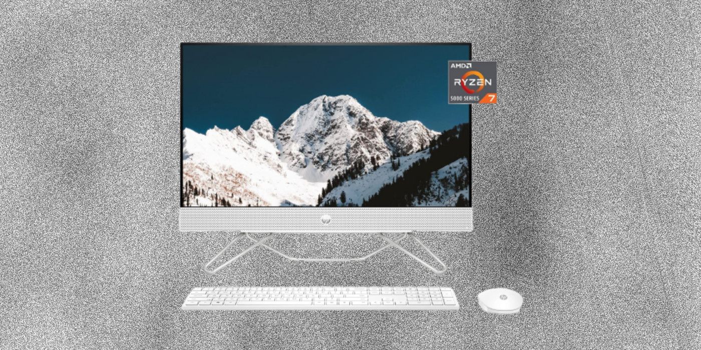 HP 27-inch AIO desktop PC with keyboard and mouse on custom background