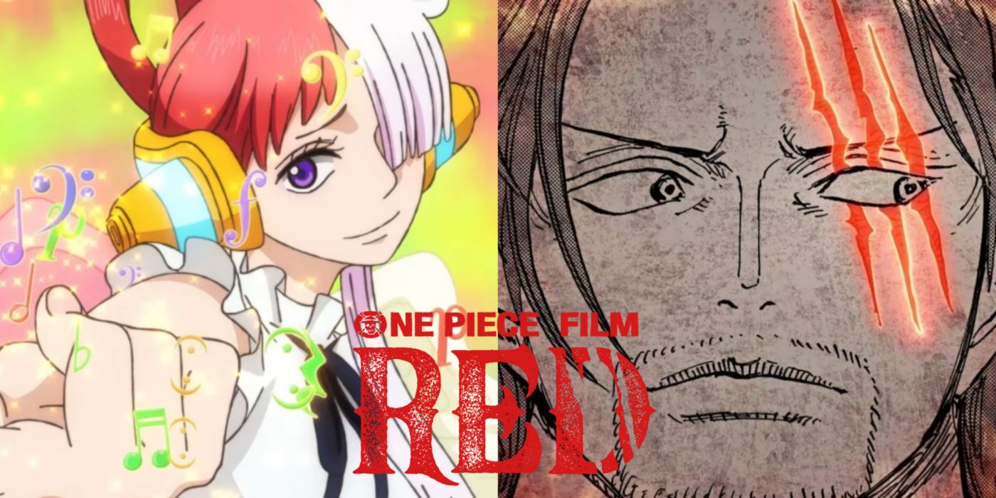 A split image of Uta and Shanks from One Piece Film: Red.
