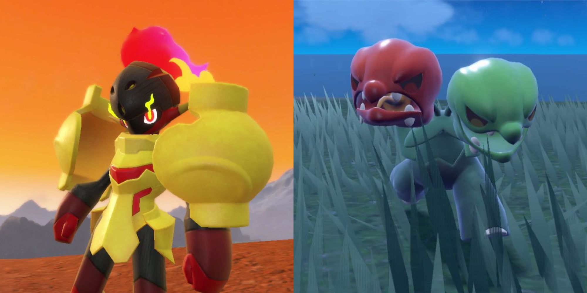 Split image showing Armarouge and Scovillain in Pokémon Scarlet and Violet.