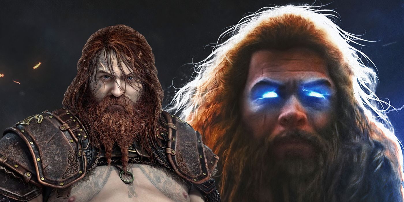 Two depictions of Thor are shown: on the left is Thor from God of War Ragnarök, and on the right is Thor from the Marvel Cinematic Universe.