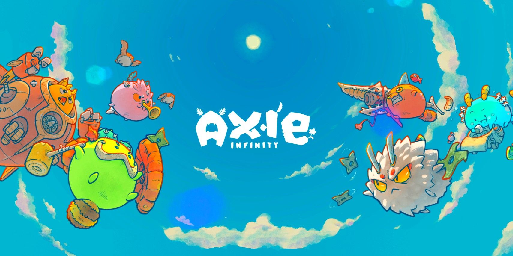 Axie Infinity logo over a cartoon blue sky with Axie pets on both sides