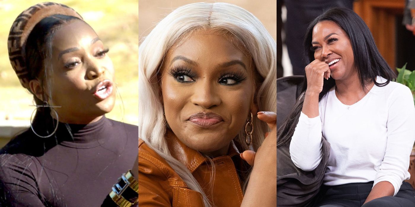 Three split images of Marlo, Drew, and Kenya laughing or fighting from RHOA