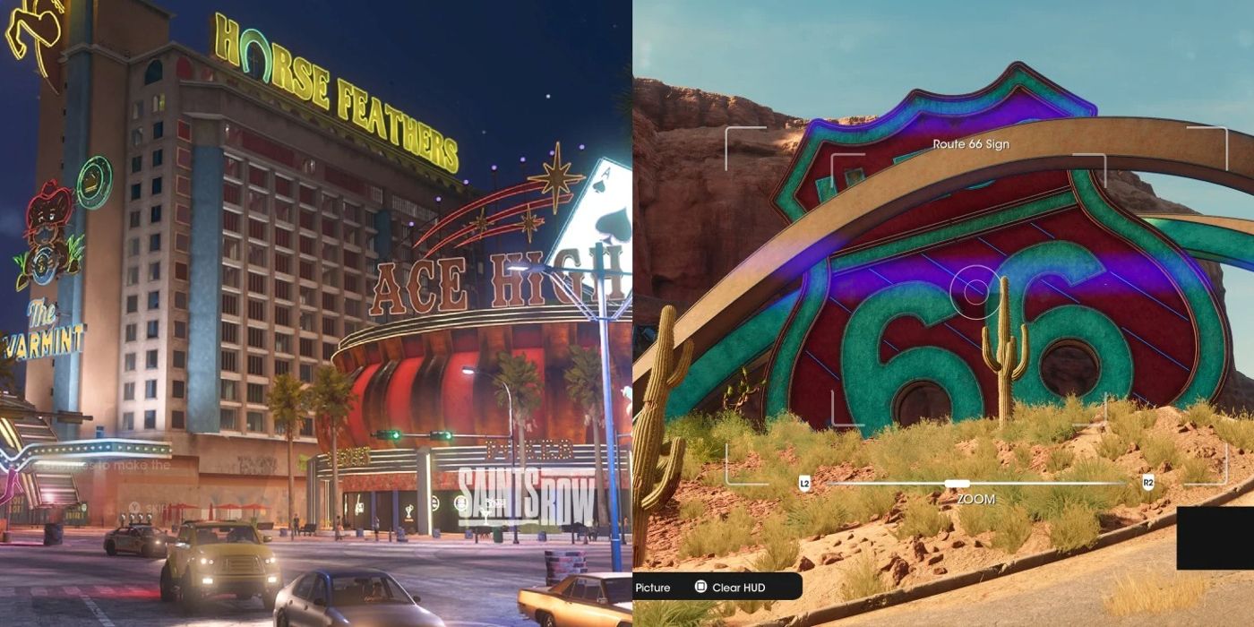 The El Dorado casinos and Route 66 sign are seen in Saints Row 2022