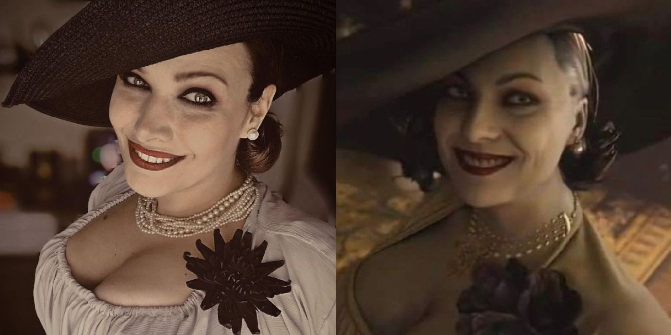 A smiling picture of Lady Dimitrescu next to an identical cosplayer