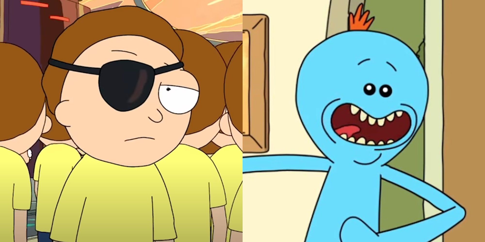 Split image of Evil Morty and Mr Meeseeks in Rick and Morty