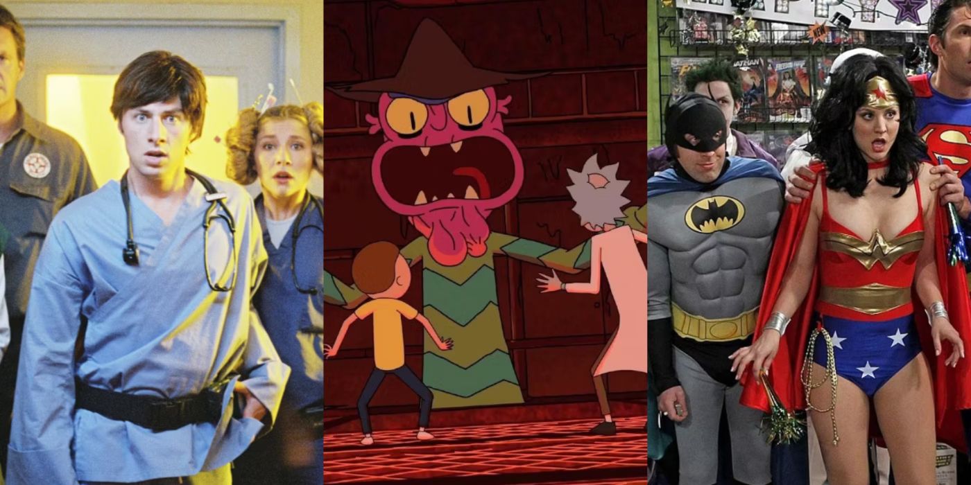 Split image of Scrubs, Rick and Morty, and The Big Bang Theory