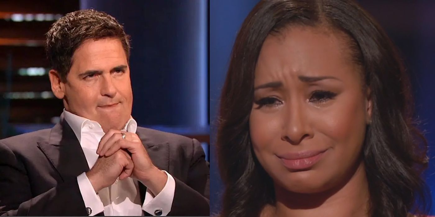 Split image of Mark Cuban from Shark Tank and an entrepreneur crying