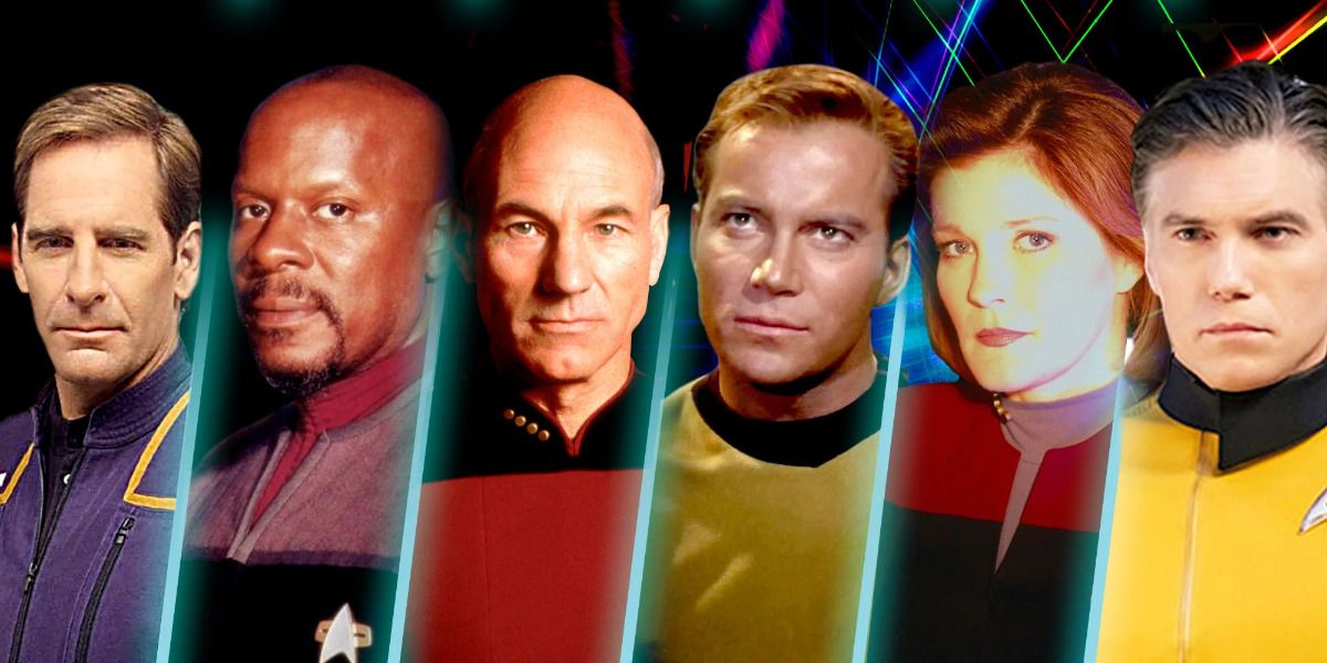 A split image of in-uniform Captains Archer, Sisko, Picard, Kirk, Janeway, and Pike is shown.
