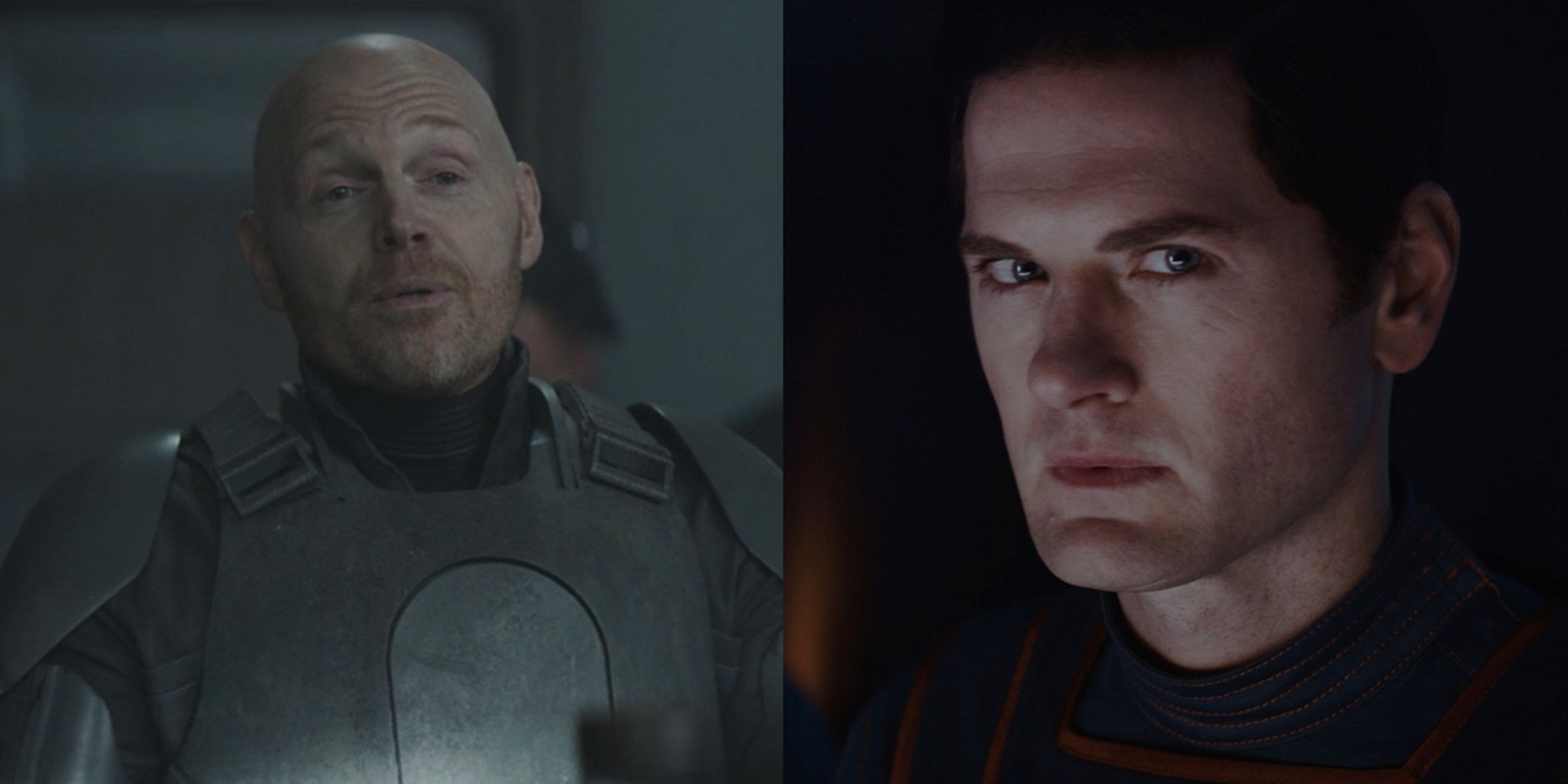 Split image of Mayfeld in The Mandalorian and Syril Karn in Andor
