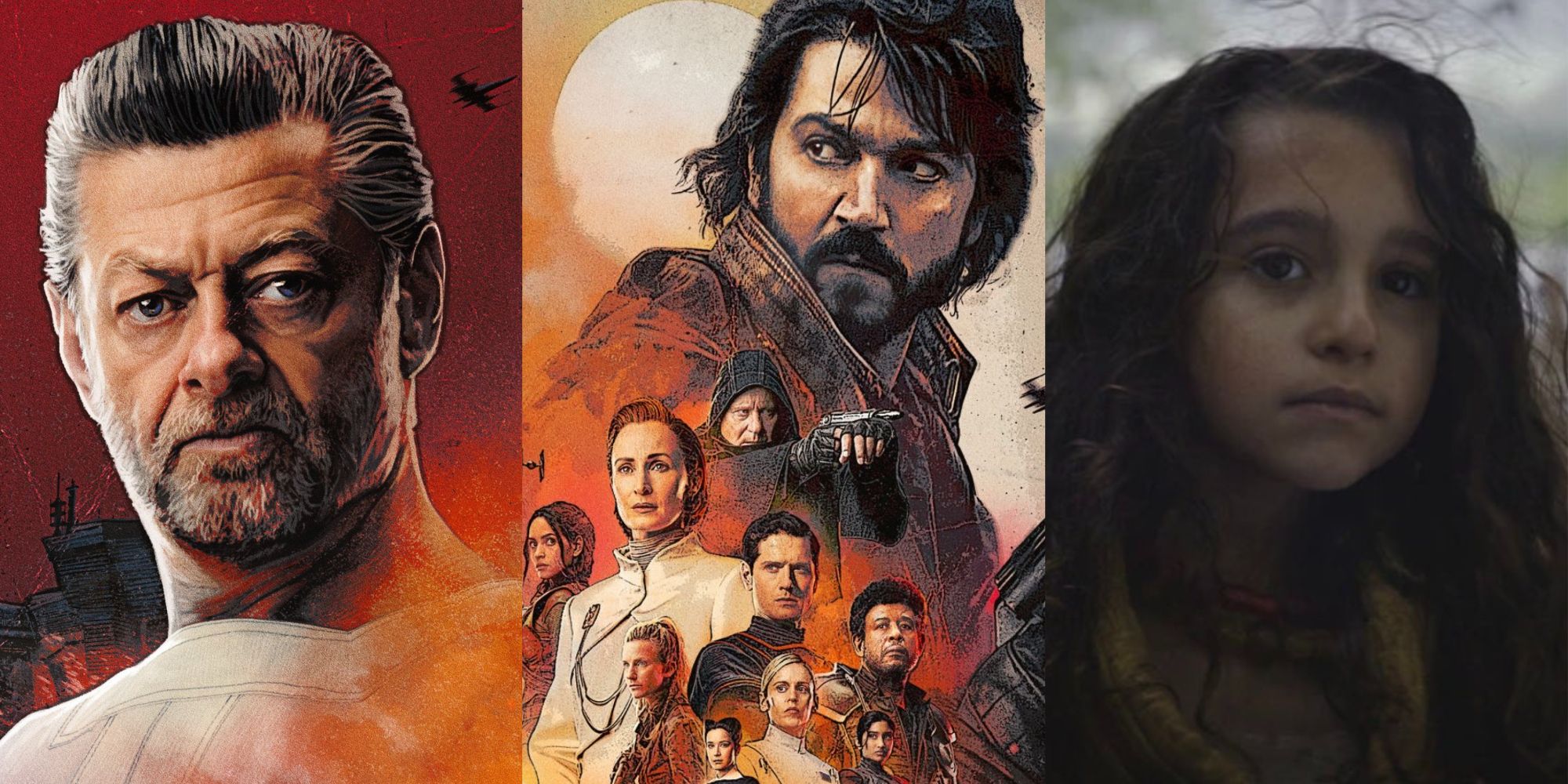 Split image off Kino Loy from Andor, Andor promotional poster, and Kerri from Andor episode 1.