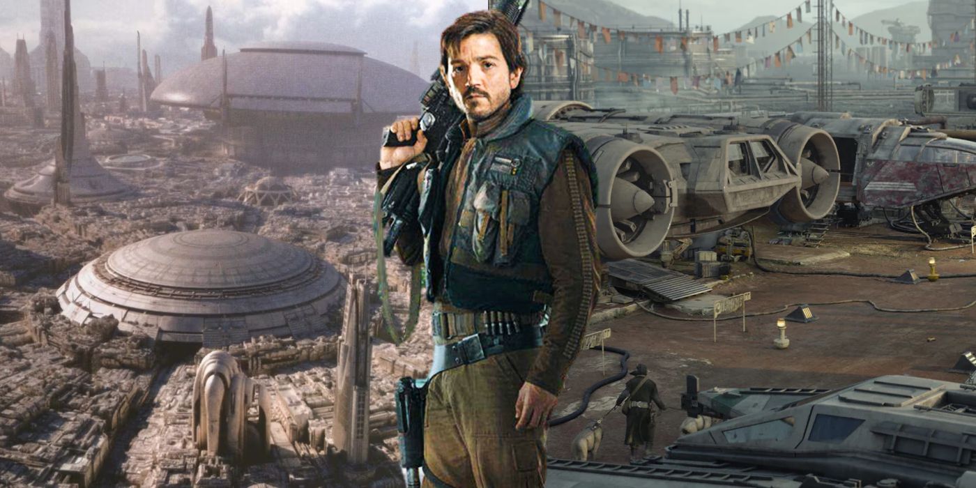 Blended image of Cassian with Ferrix and Coruscant in the background