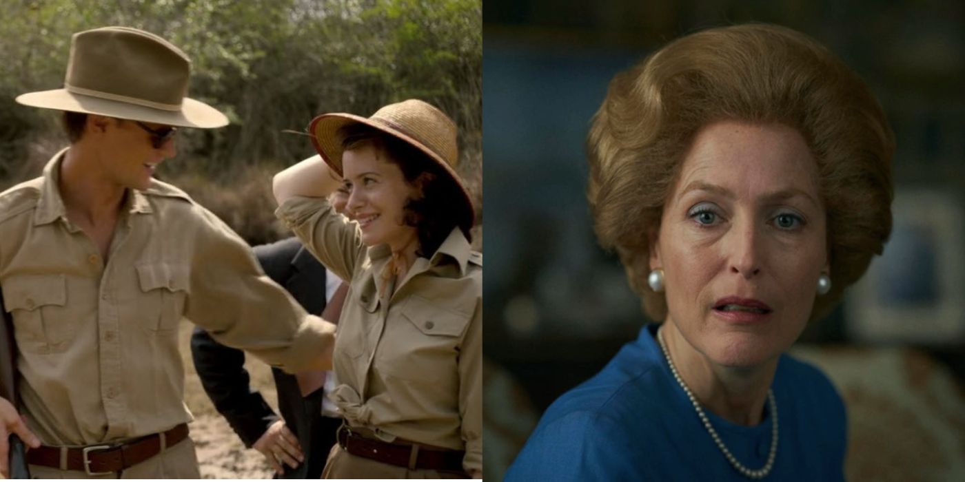 Split image showing Philip and Elizabeth in Kenya and Margaret Thatcher meeting the Queen in The Crown