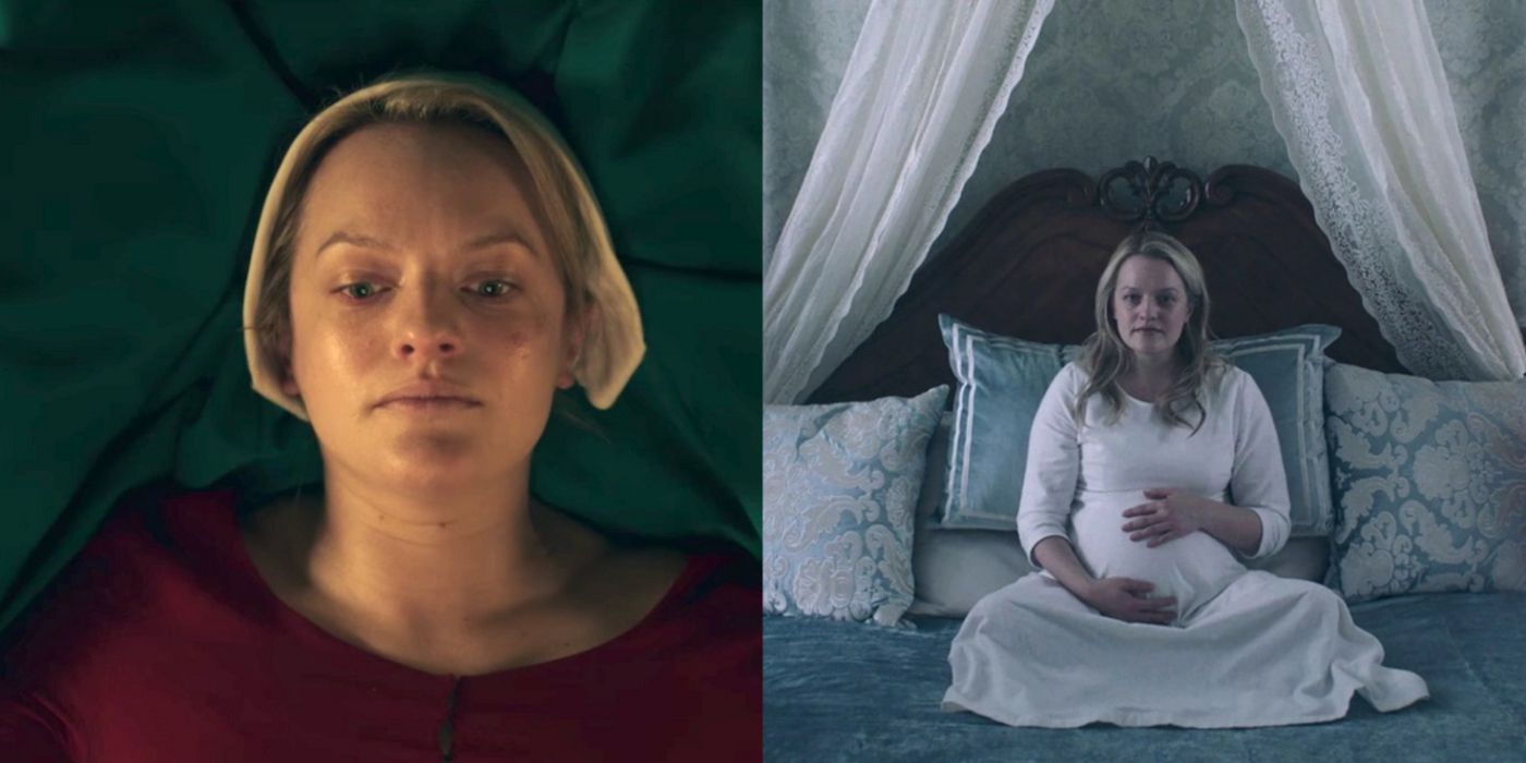 Split image of June Osborne in The Handmaid's Tale