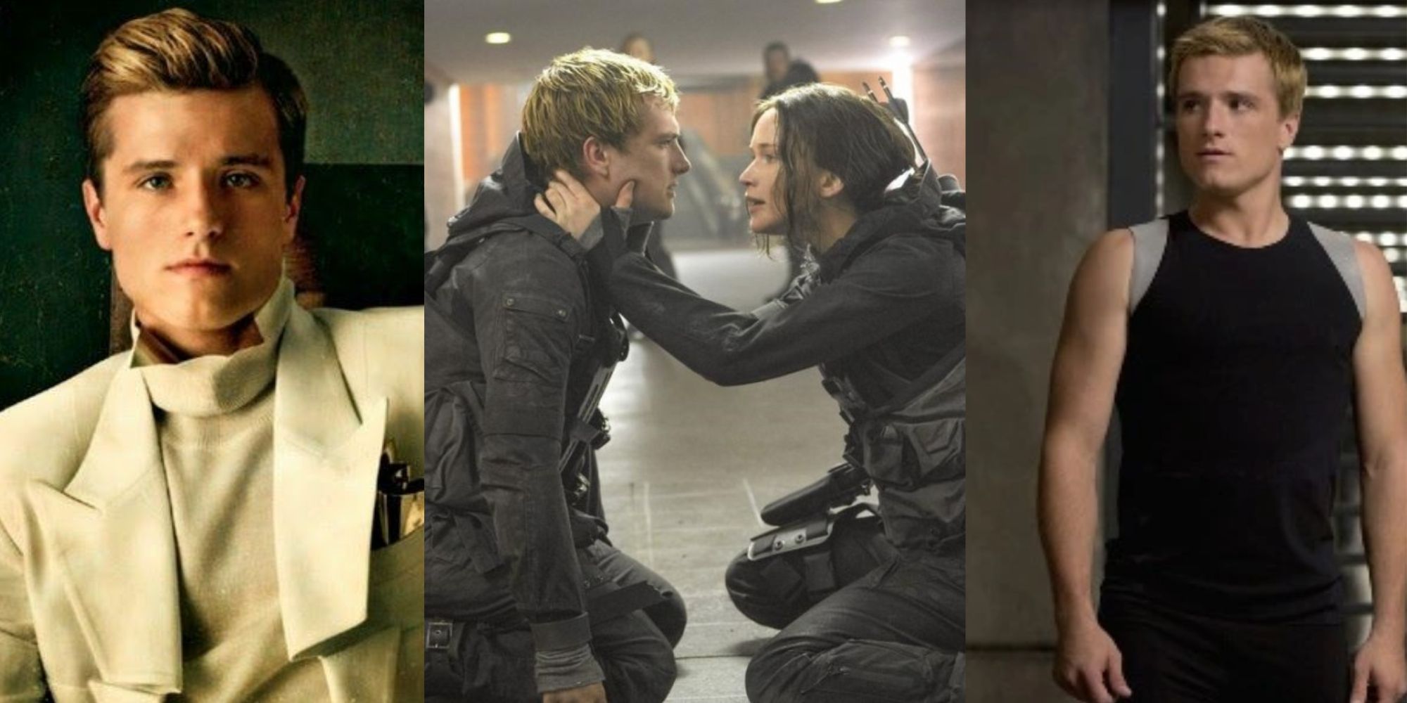 Split image of Peeta sitting stoically in a suit, Katniss grabbing Peeta's face while they both kneel in MockingJay pt 2, and Peeta looking left while training
