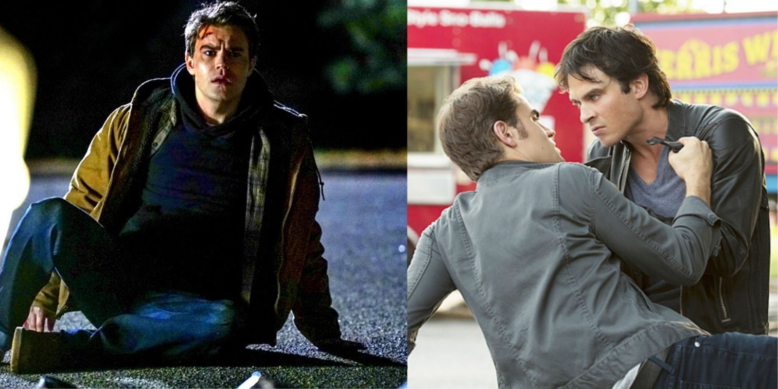 Stefan as a human and Damon and Stefan fight