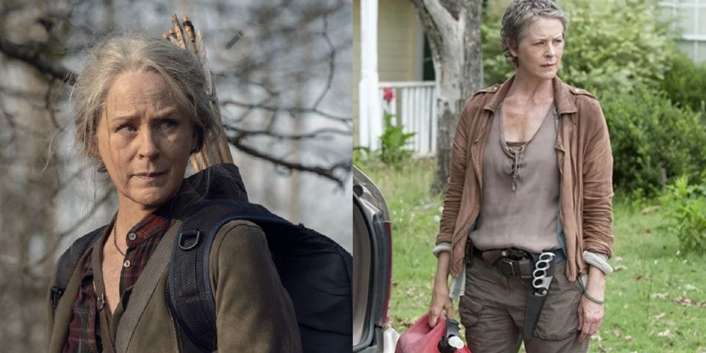 Carol with a quiver of arrows alongside an image of her standing outside an open car in The Walking Dead.