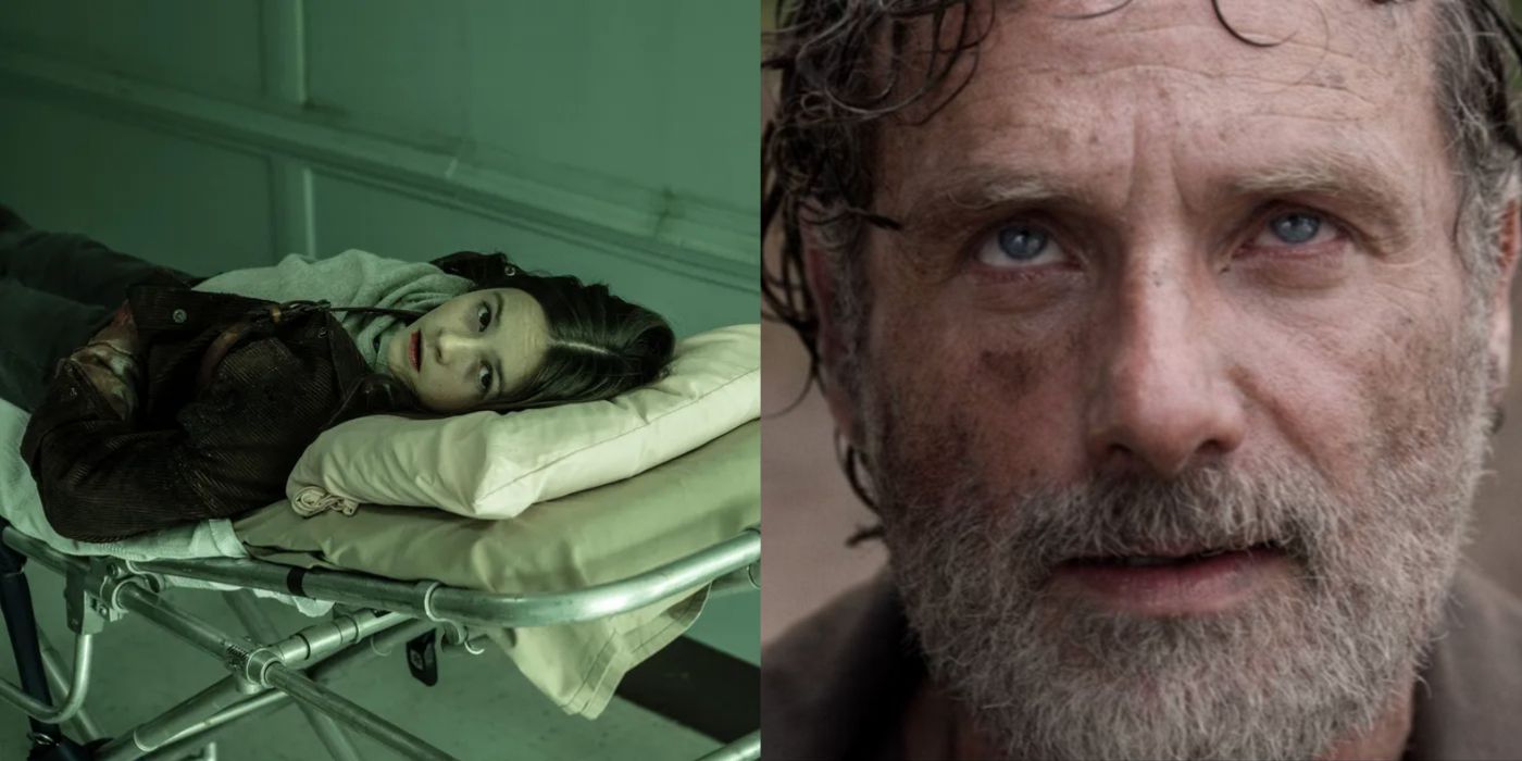 Judith laying on a gurney and Rick staring up into the sky in the finale of The Walking Dead.