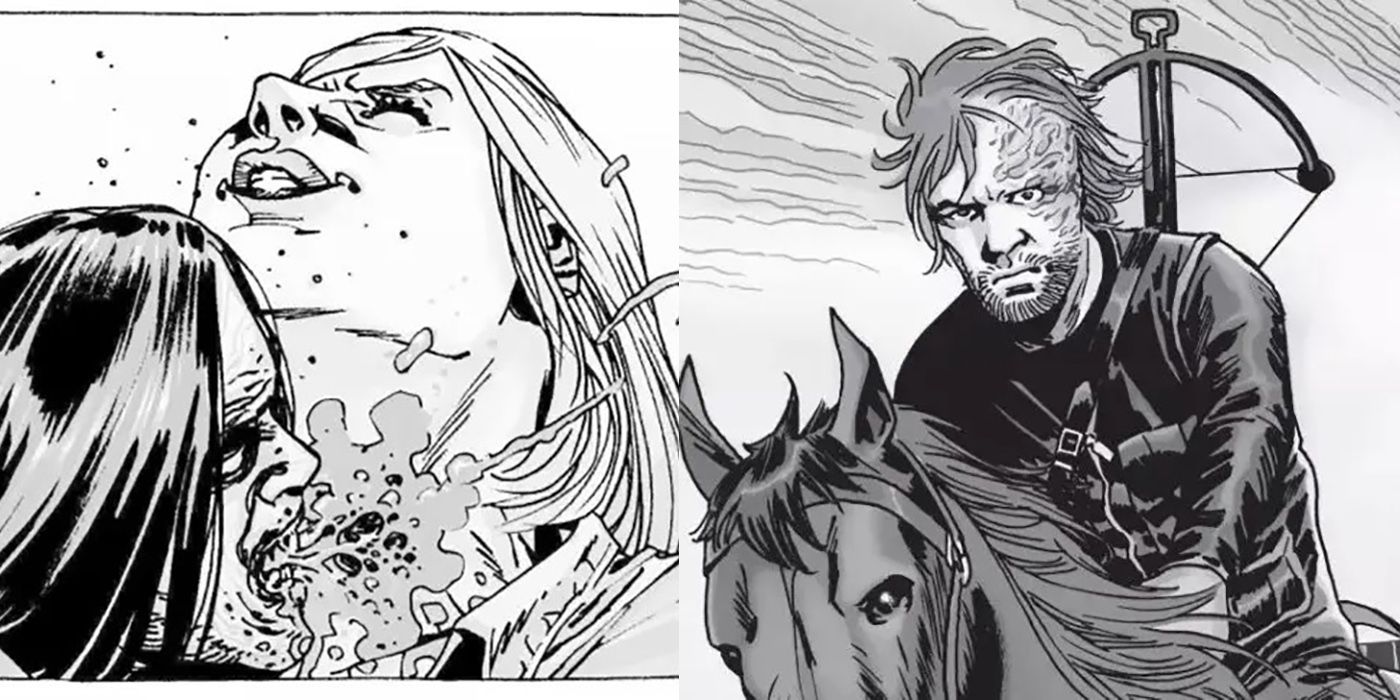 Split image of Carol getting bitten by a walker and Dwight riding a horse from The Walking Dead comics.