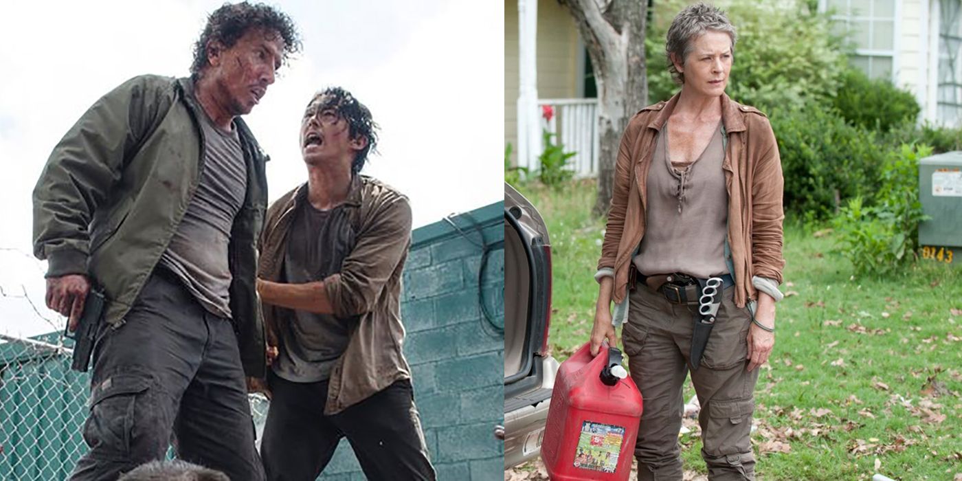 Split image of Nicholas and Genn on top of the dumpster and Carol with a gas tank from The Walking Dead.