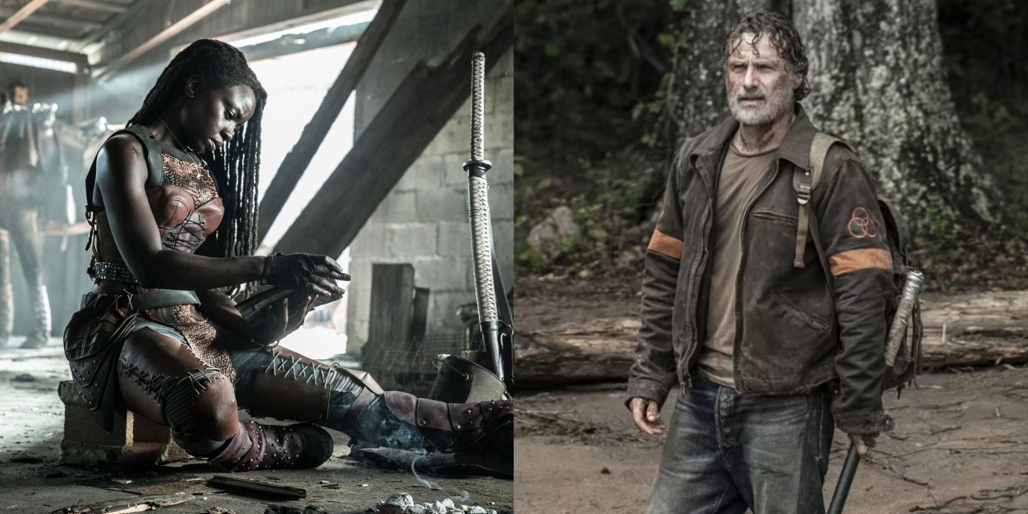 Split images of Michonne writing and Rick standing by the river in The Walking Dead