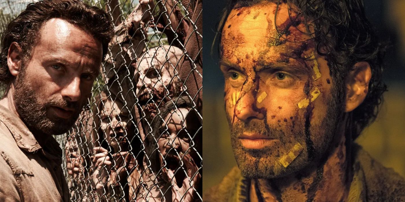 Split image of Rick in front of a fence surrounded by walkers and Rick covered in blood in The Walking Dead. 