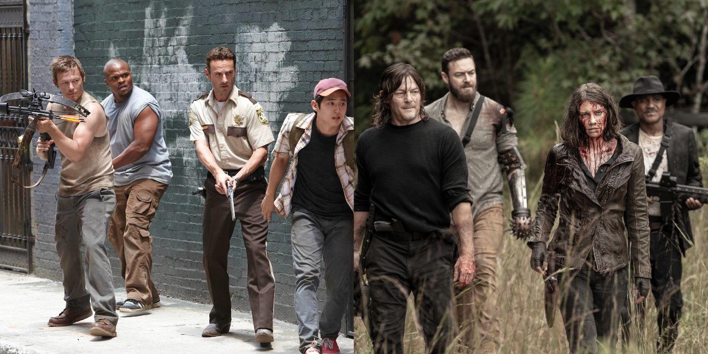 Daryl, T-Dog, Rick, and Glenn in season 1 alongside Daryl, Aaron, Maggie, and Gabriel in season 11 of The Walking Dead.
